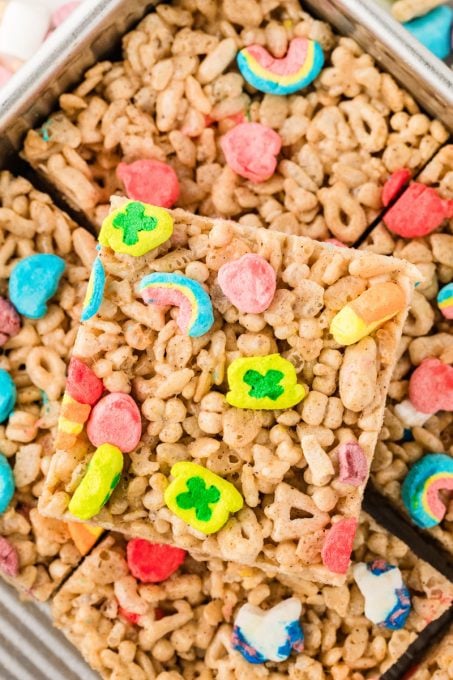 Rice cereal treats made with Lucky Charms cereal.