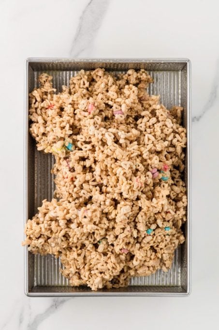 A pile of crunchy rice and Lucky Charms cereals mixed with melted marshmallows.