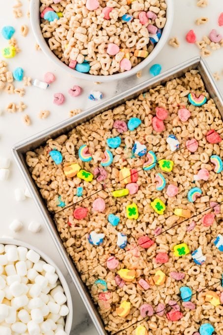 A tray of Lucky Charms Treats with Rice Krispies.