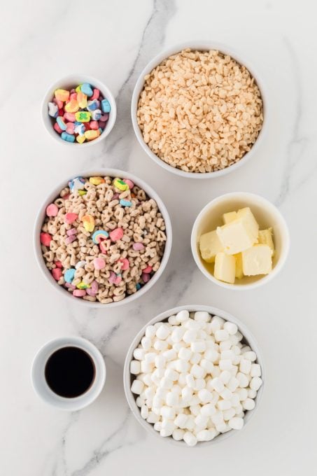 Ingredients for Lucky Charms Rice Krispie Treats.